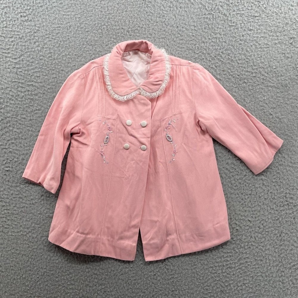 Vintage 50s Girls Dress Coat Size 3T Pink Embroidered Fully Lined
